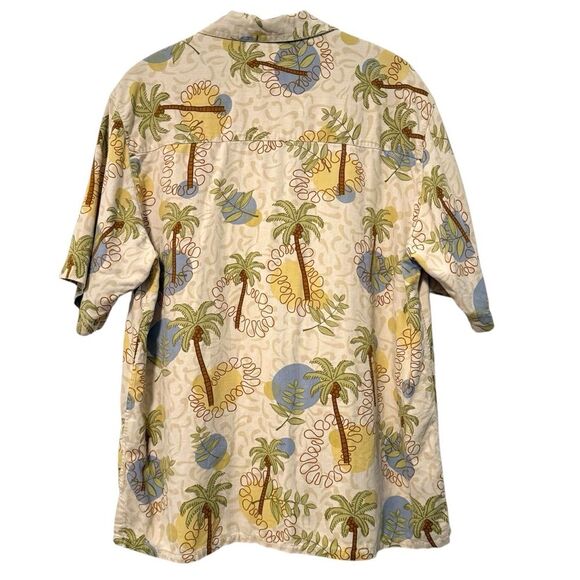 Banana Cabana 100% Silk Tropical Palm Tree Button Up Shirt Tan Yellow Size Large - Picture 4 of 6